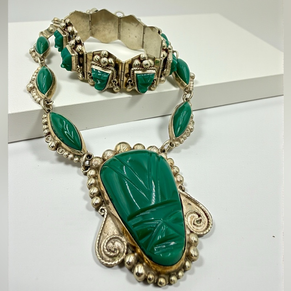 Vintage Mexico Sterling Green Onyx Aztec Mask Necklace Bracelet Set 17 7 499$